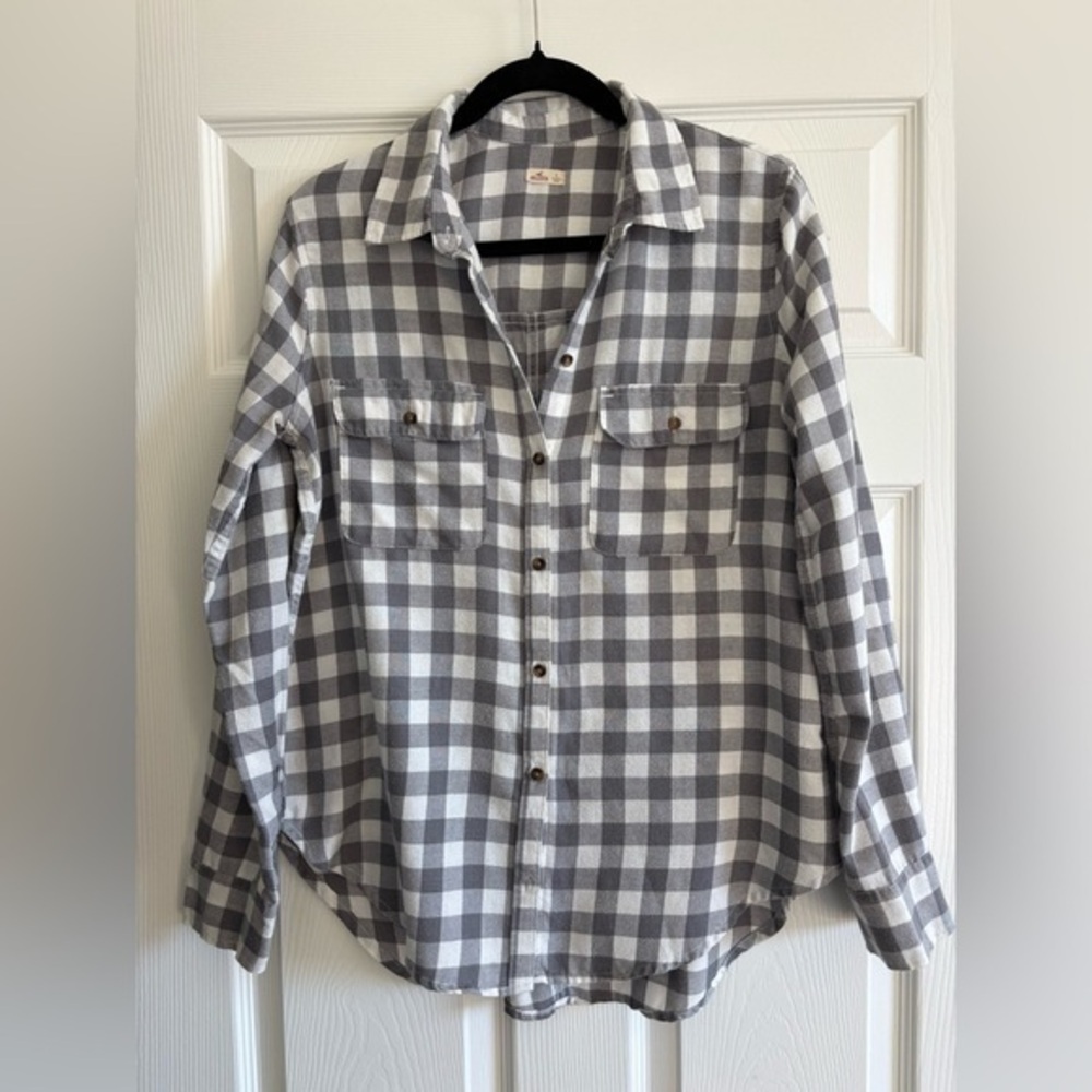 Hollister Gray and White Checkered Shirt